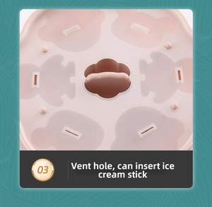 Detailed view of pink silicone mold lid featuring air vents for ice pop sticks