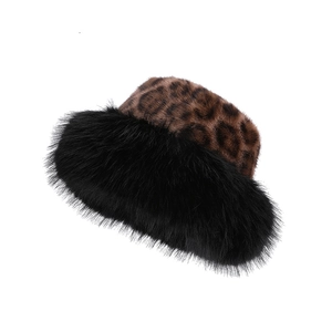 Chic winter leopard print plush bucket hat with thick black faux fur trim for warmth