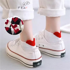 White low-cut ankle socks with cute 3D red heart embroidery on the heel for women