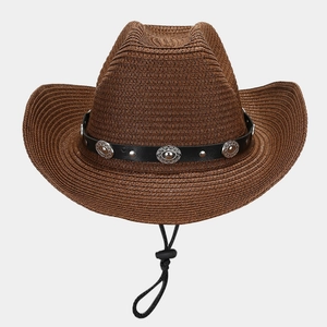 Classic wide brim straw cowboy hat in tan with leather band and chin strap