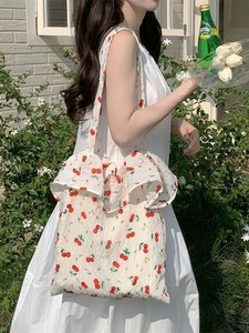 White canvas tote bag with cherry print and ruffle trim, summer shoulder bag for women
