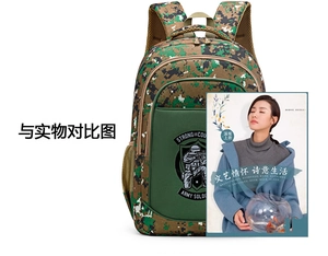 Detail of army camouflage backpack featuring digital pattern and military soldier patch