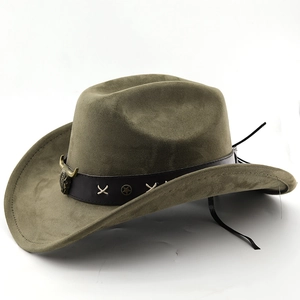 Olive green suede western cowboy hat with vintage bull head and star leather band