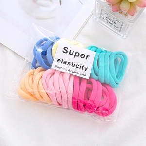 Detailed view of colorful high-elasticity hair ties set in clear branded packaging