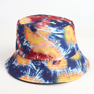 Detailed view of colorful tie-dye bucket hat with reinforced multi-row brim stitching