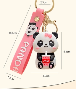 Detailed dimensions of cartoon panda keychain with pink strap and 3D panda figure
