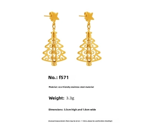 Detailed view of 18K gold plated stainless steel 3D Christmas tree earrings with star top