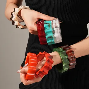 Wide Acrylic Resin Bangle Bracelet For Women Vintage Wave Gear Shape Marble Tortoiseshell Texture Fashion Cuff Jewelry