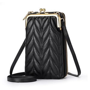 Mini sac bandoulière en cuir PU noir avec motif de feuilles matelassées et cadre en métal