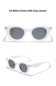 Detailed view of white cat eye sunglasses with gold fin accents and grey round lenses