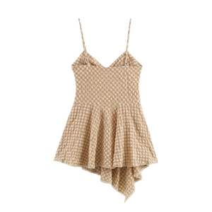 Robe courte à carreaux marron avec dentelle et ourlet à volants asymétriques