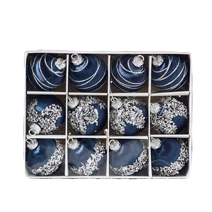 Set de 12 boules de Noël bleu marine et argentées avec paillettes en boîte