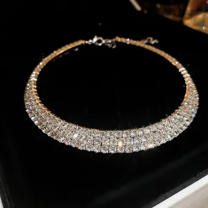Elegant French vintage three-row diamond choker necklace with adjustable silver lobster clasp