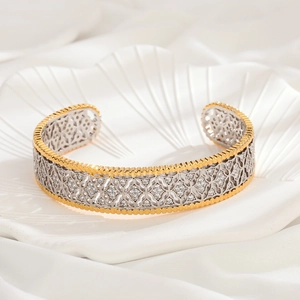 Exquisite hollow honeycomb bangle in gold and silver finish with sparkling zircons