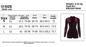 Detailed size chart for long sleeve velvet bodysuit showing bust waist and hip measurements