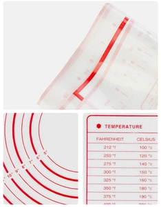 Detail of red circular measurements and temperature conversion chart on a white silicone mat