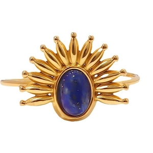 French vintage 18k gold stainless steel open ring with lapis lazuli sunburst motif