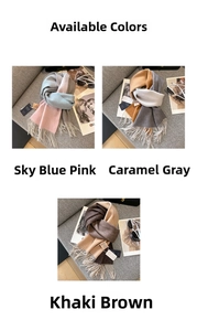 Three gradient pure goat wool scarves with long tassels in a stylish lifestyle display