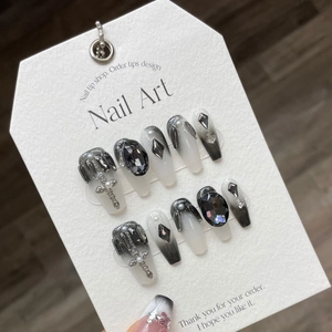 Coffin Press On Nails Dark Gothic Black White Gradient Rhinestone Cross Artificial Pearl Handmade Long Ballerina False Nails