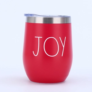 12oz Red stainless steel insulated egg mug with JOY print and clear spill-proof lid