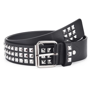 Black Y2K punk rock leather belt with triple-row silver pyramid studs and metal buckle