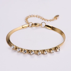 18k gold-plated 304 stainless steel flat snake chain bracelet with 8 inlaid cubic zirconia