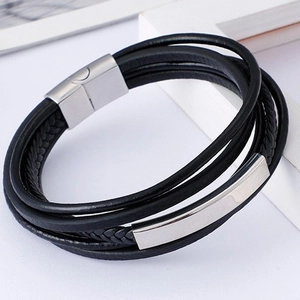 Men's multi-layer black braided leather bracelet with silver magnetic clasp in 45-degree view