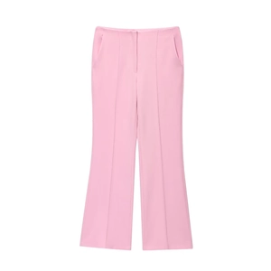 Pantaloni a zampa a vita alta da donna in rosa tenue con cuciture sartoriali curate