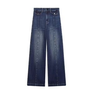 Jeans da donna a vita alta e gamba larga blu scuro con cuciture verticali e tasche