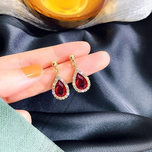 French style double-layer cat eye stone earrings with red drop-shaped zircon in gold finish