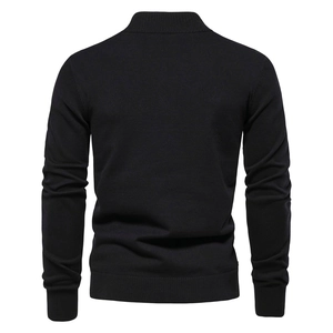 Detailed back view of a slim-fit black knit cardigan with ribbed cuffs and hem
