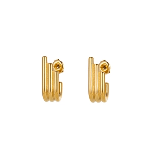 Detail of gold geometric earrings with triple vertical bar design and brushed metal finish