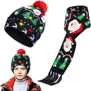 Ensemble bonnet et écharpe de Noël à LED pour enfants avec motifs de rennes et tricot