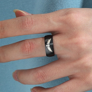 Gothic Dark Knight matte black stainless steel ring featuring carved skull and wings design