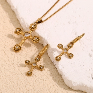 18K gold plated necklace and earrings set featuring cross pendants with roses and heart stones