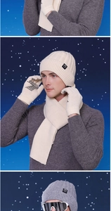 Detailed knit texture of winter beanie, scarf and touchscreen gloves with herringbone pattern