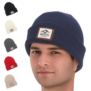 Knit Beanie Hat Acrylic Warm Winter Ribbed Cuffed Cap With Outdoor Mountain Bear Patch For Unisex Casual