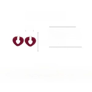 Detail view of red knitted heart earrings with copper frame and product dimensions