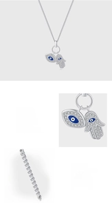 Detailed view of S925 sterling silver Hamsa Hand and Evil Eye pendant with blue enamel