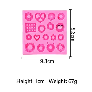 Pink silicone mold for heart and donut shapes, 9.3x9.3cm square baking tray with 16 cavities