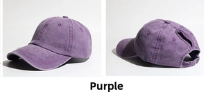 Detail of purple washed cotton ponytail baseball cap with adjustable metal buckle back