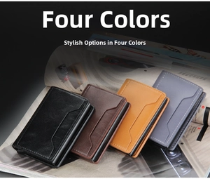 Slim aluminum card holder wallets in four leather finishes with automatic pop-up feature