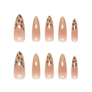 Long almond press-on nails with nude pink gradient, gold glitter, and leopard print art