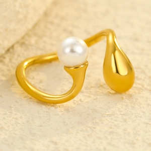 Minimalist gold stainless steel open ring with pearl and drop-shaped metal detail