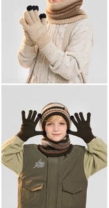 Detail view of children's winter knit hat scarf and gloves set with thick fleece lining