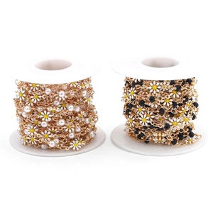 Handmade DIY gold daisy chain with white pearls and black crystal beads on spools