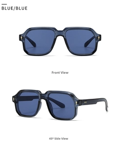 Blue aviator sunglasses with transparent frames and golden rivets in front and side views
