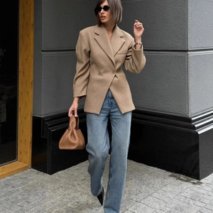 Chic camel double-breasted blazer for women with a cinched waist and relaxed fit