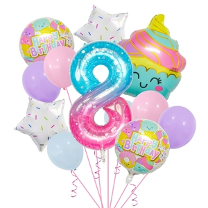 Detail of macaron color party balloons set with large number 8 and ice cream foil balloon