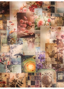 Close-up of vintage junk journal paper featuring floral, music sheet and butterfly motifs